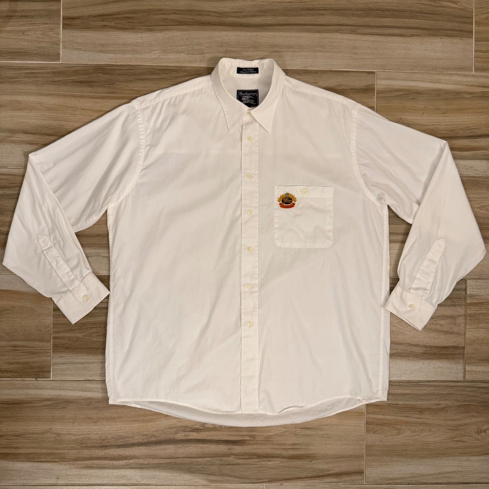 Vintage Burberrys Mens White Cotton Crest Logo Button Down Shirt Made in USA L